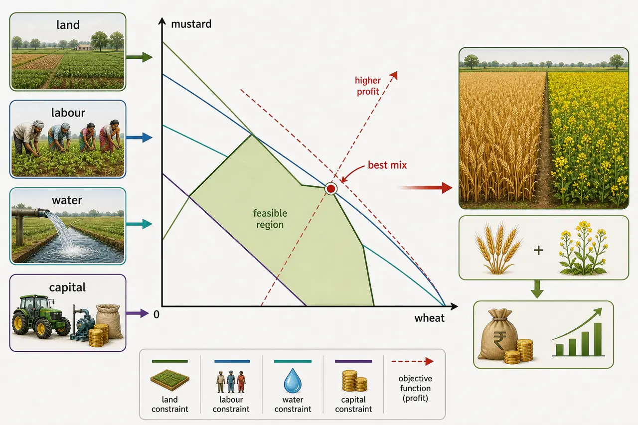 Linear programming in agriculture showing land labour water and capital constraints, feasible region, and best crop mix between wheat and mustard