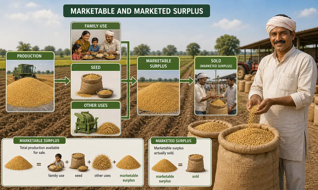 Marketable versus marketed surplus showing farm production divided into family use seed marketable surplus and actual sold quantity
