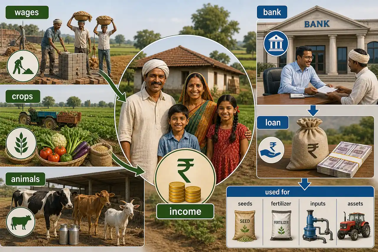NSO agricultural household findings showing wages crops animals income and bank loans used for seeds fertilizer inputs and assets