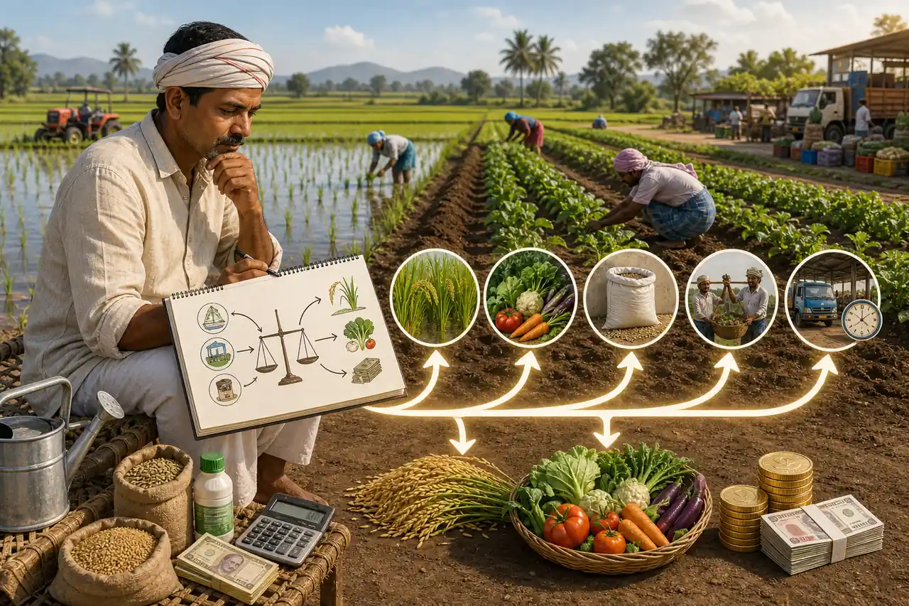 Production economics in agriculture showing a farmer balancing crop choice, input use, labour, market timing, and profit decisions