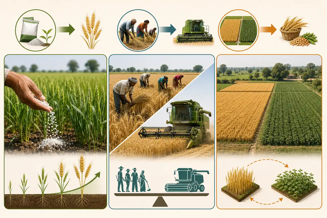 Three agricultural production relationships showing one input to one output, two inputs to one output, and one input allocated between two outputs