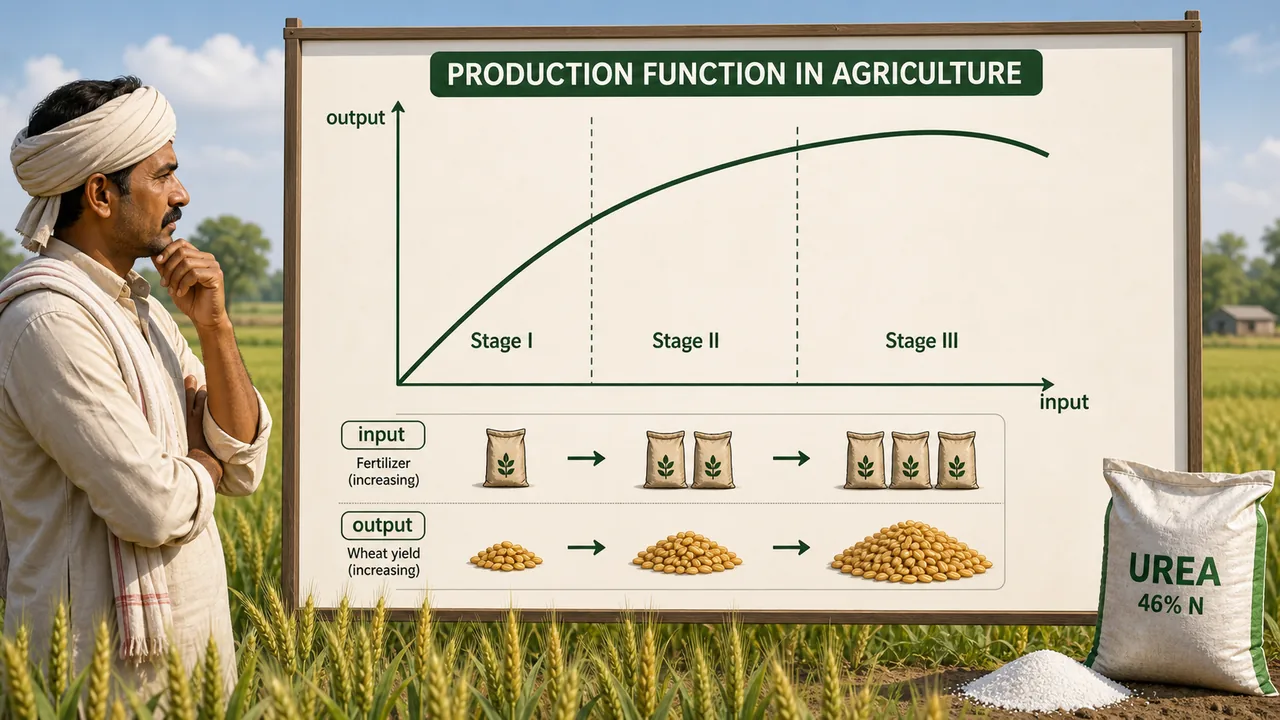 Production function in agriculture showing how increasing fertilizer input changes wheat output across three stages