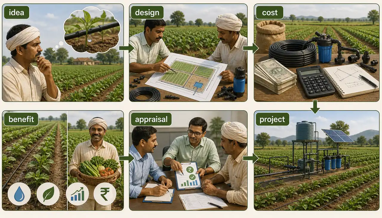 Agricultural project planning and appraisal showing idea design cost benefit appraisal and completed farm project