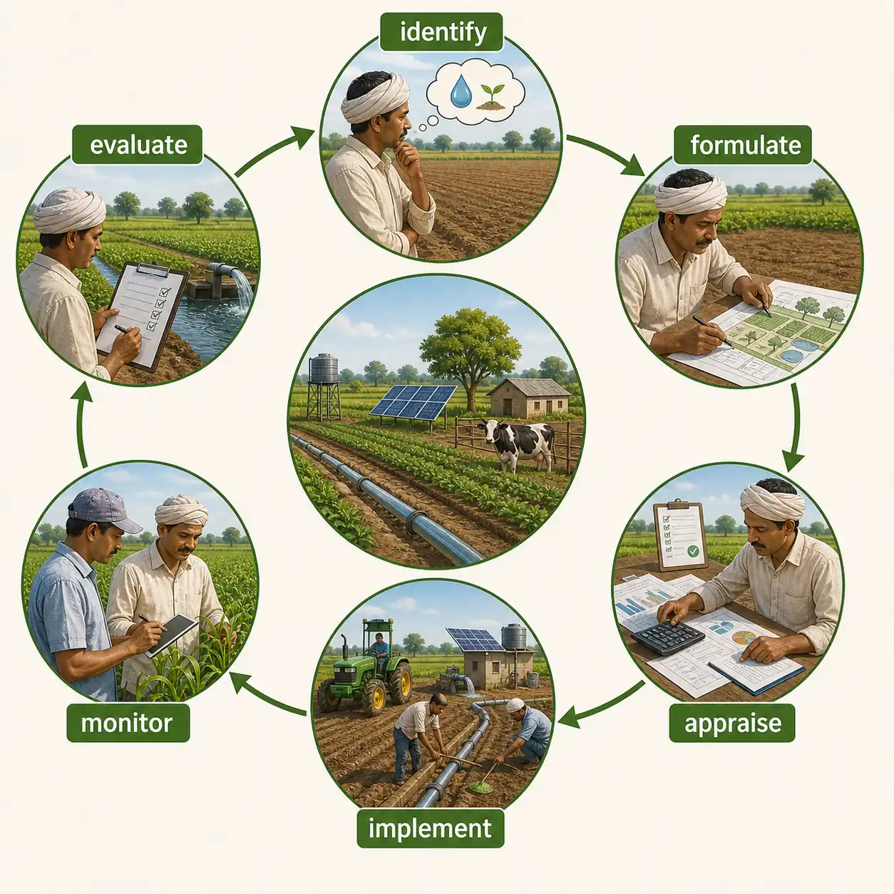 Project cycle in agricultural appraisal showing identify formulate appraise implement monitor and evaluate stages