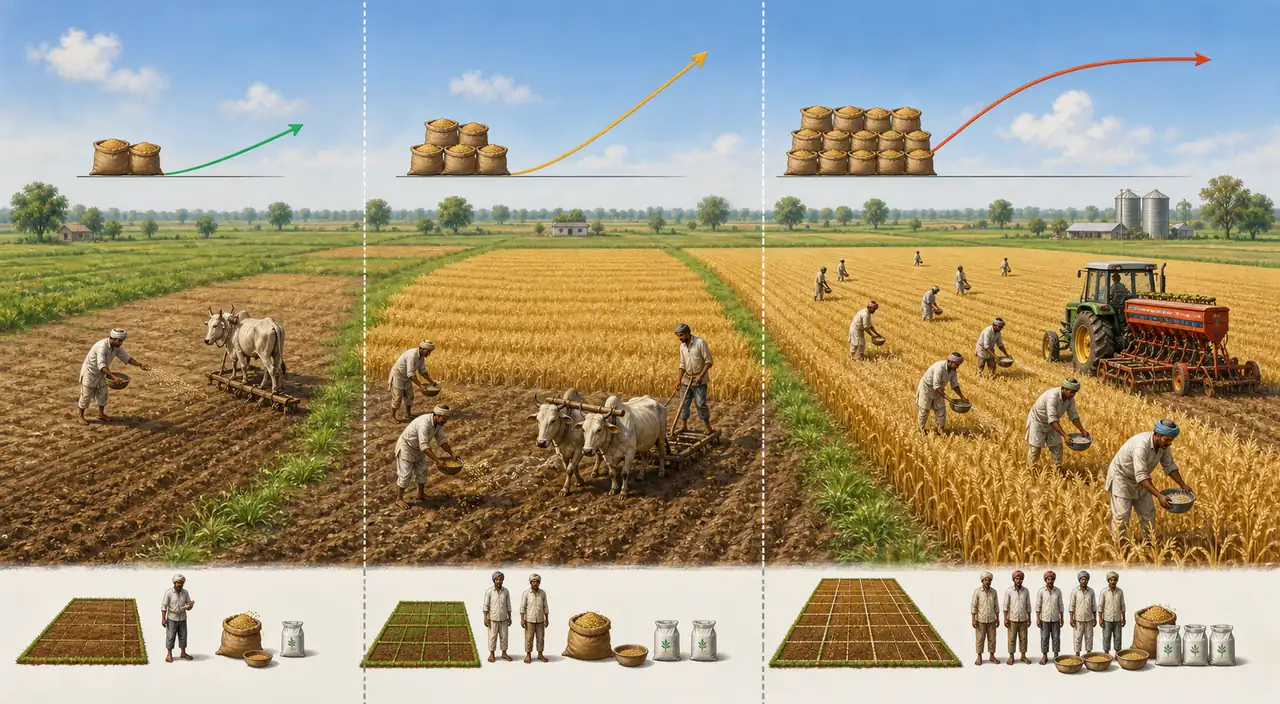 Returns to scale in agriculture showing a farm expanding across increasing, constant, and diminishing output response stages