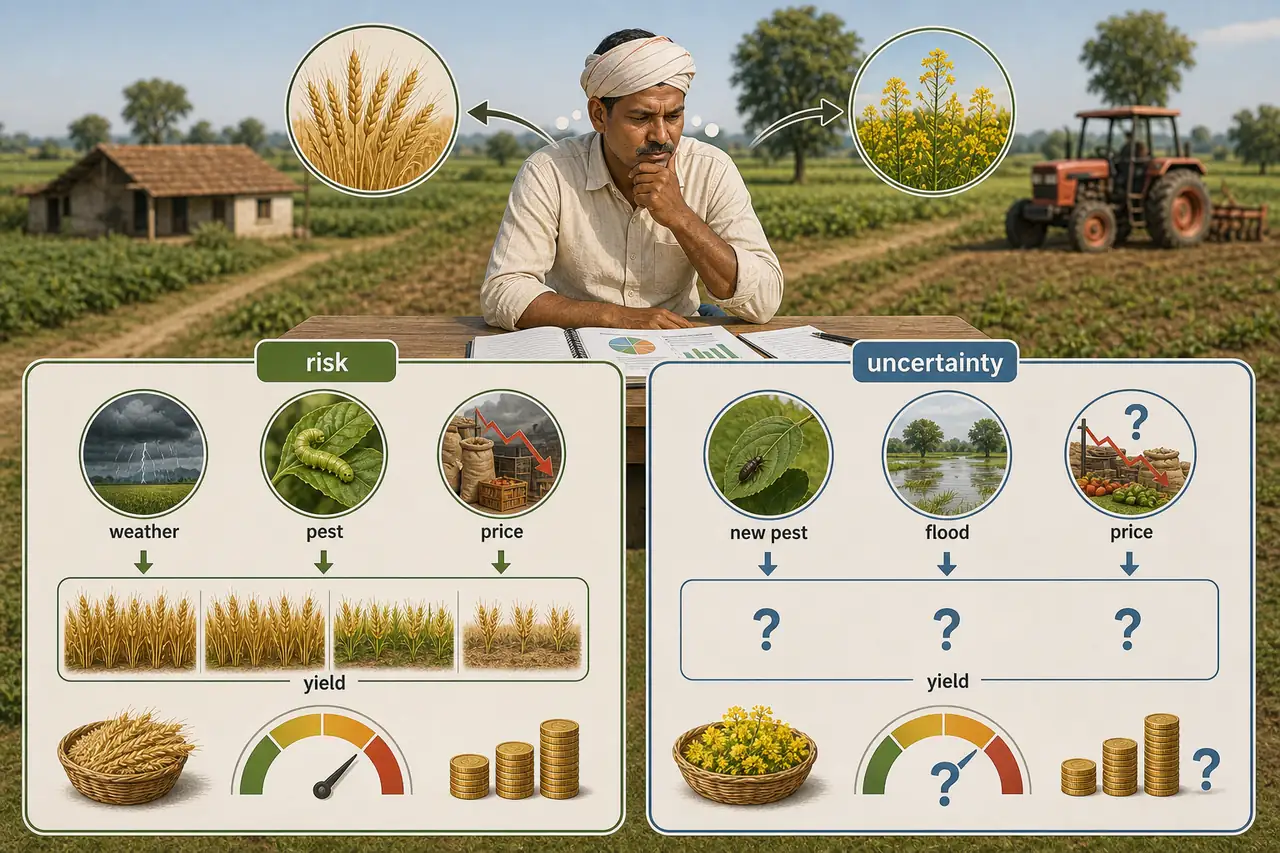 Risk versus uncertainty in farm management showing known threats like weather pest and price against unknown shocks like new pest and flood