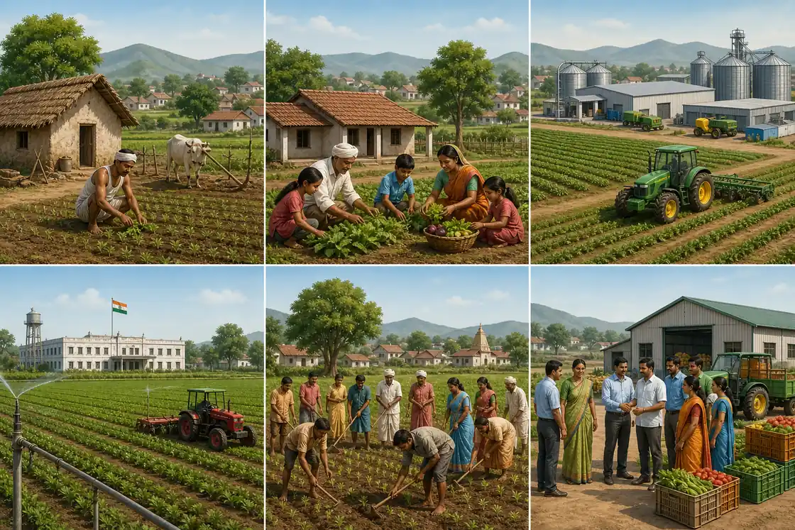 Systems of farming in one visual showing peasant, joint, corporate, state, collective, and cooperative farm organisation models