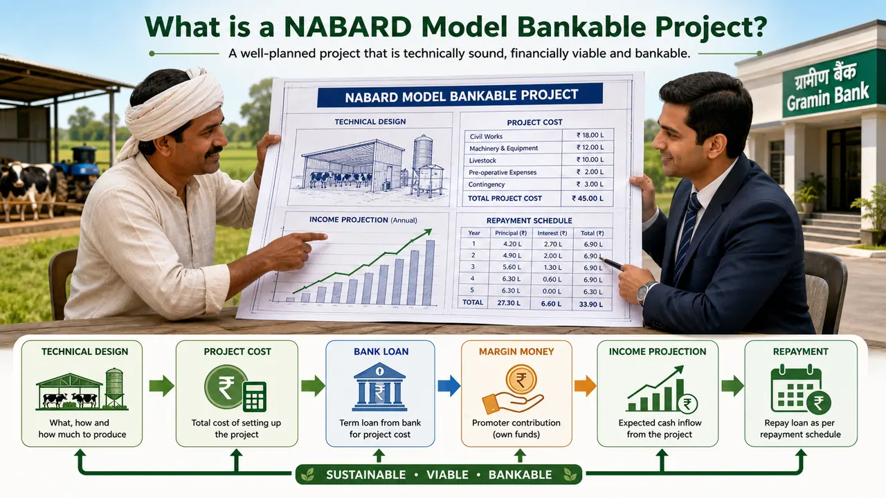 Farmer and banker using a shared NABARD model bankable project blueprint linking technical design, project cost, loan, margin money, income projection, and repayment