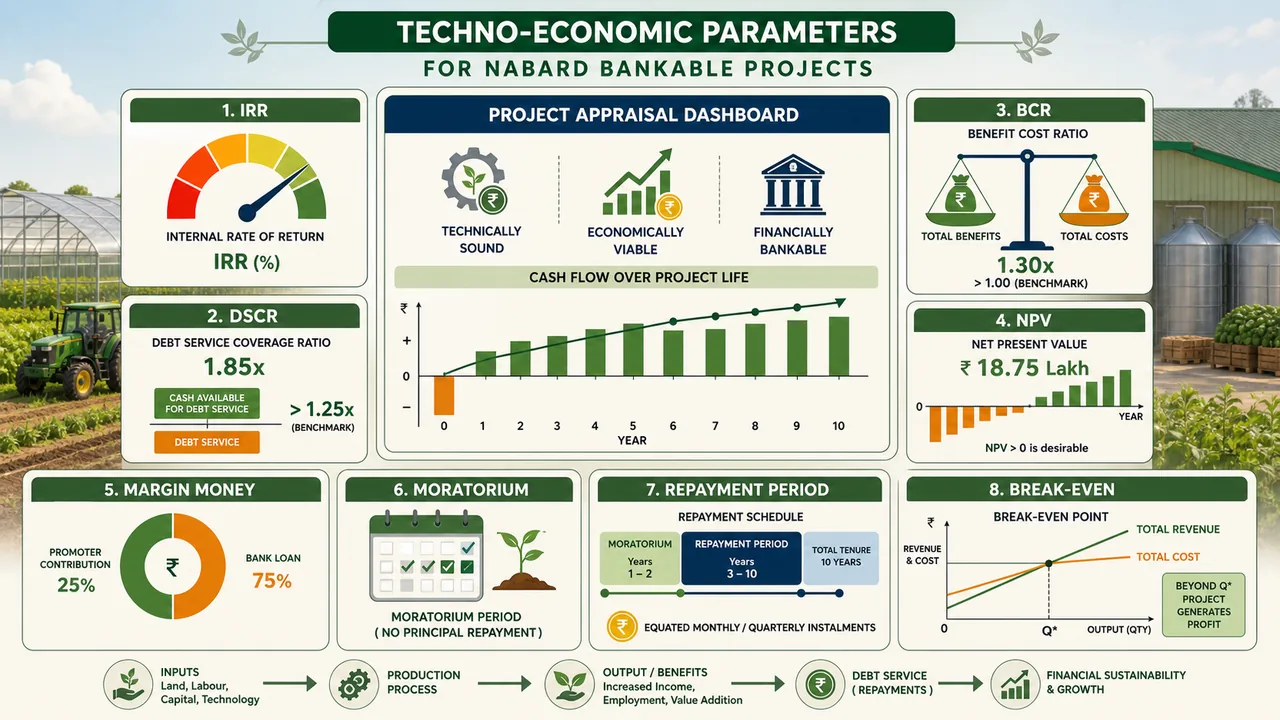Techno-economic parameters for NABARD bankable projects showing IRR, DSCR, BCR, NPV, margin money, moratorium, repayment period, and break-even