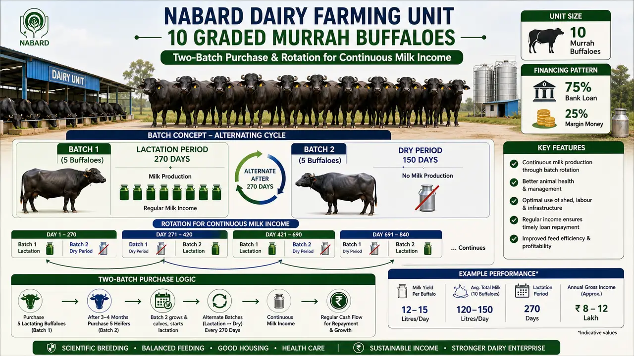 NABARD dairy farming unit with 10 Graded Murrah buffaloes showing two-batch purchase, alternating lactation and dry periods, and continuous milk income