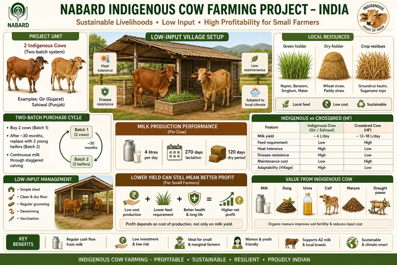 Annotated indigenous cow farming diagram showing two-batch purchase, low-input management, breed cues, and the profit logic for small farmers