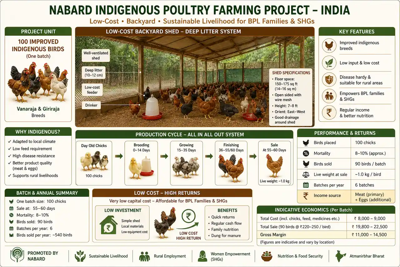 Annotated indigenous poultry farming diagram showing low-cost shed, all-in all-out batch flow, breed cues, and the short broiler cycle