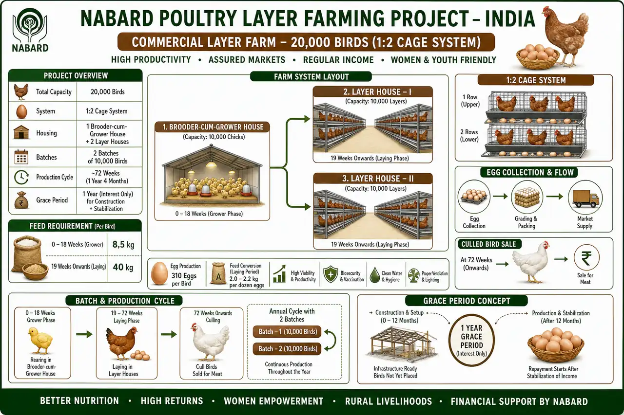 Annotated poultry layer farming diagram showing the 1 to 2 cage system, bird flow from brooder to layer houses, egg output, and feed phases