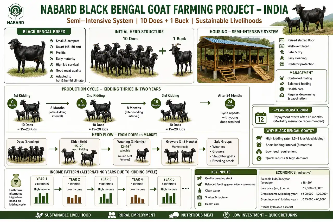 Annotated Black Bengal goat farming diagram showing herd structure, kidding cycle, shelter, and staggered kid-sale flow