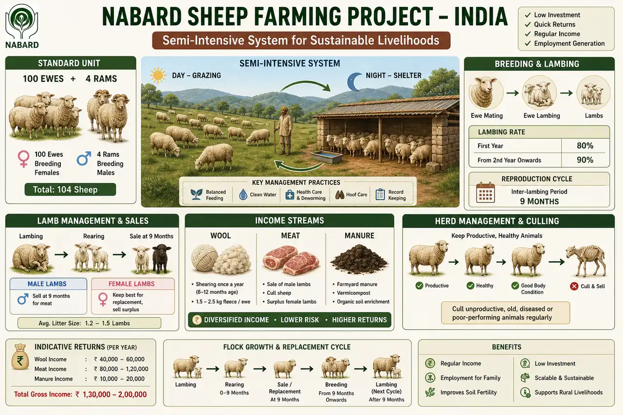 Annotated sheep farming diagram showing ewes, rams, grazing and shelter flow, lambing cycle, and wool-meat-manure income streams