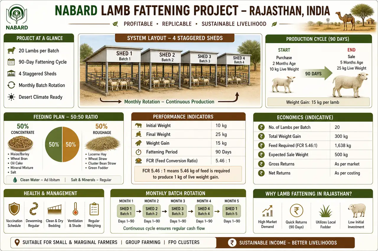 Annotated lamb fattening diagram showing 4 staggered sheds, 90-day growth cycle, feeding ratio, and sale-weight target