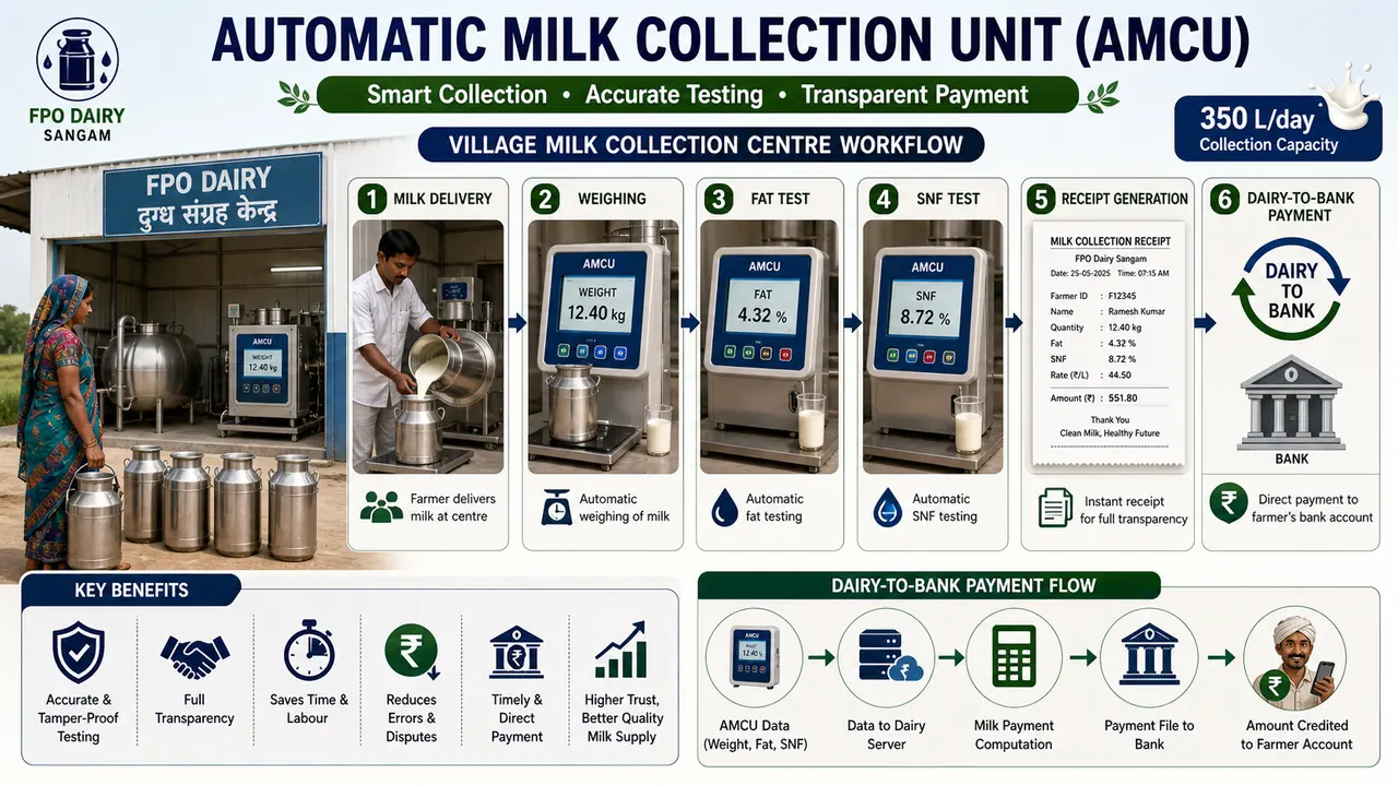 Automatic Milk Collection Unit workflow showing milk delivery, automatic weighing, fat test, SNF test, receipt generation, and dairy-to-bank payment