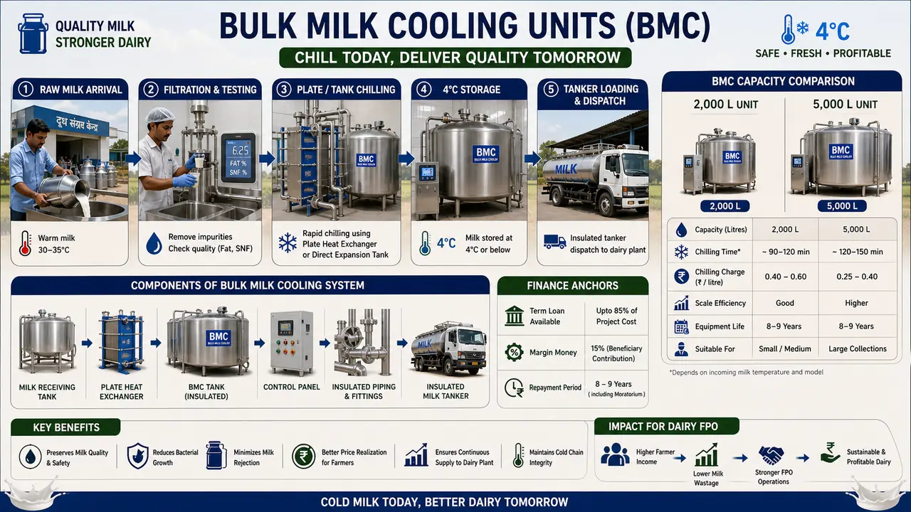 Bulk Milk Cooling Units showing raw milk arrival, filtration, chilling, 4 degree storage, tanker dispatch, and 2000 litre versus 5000 litre comparison