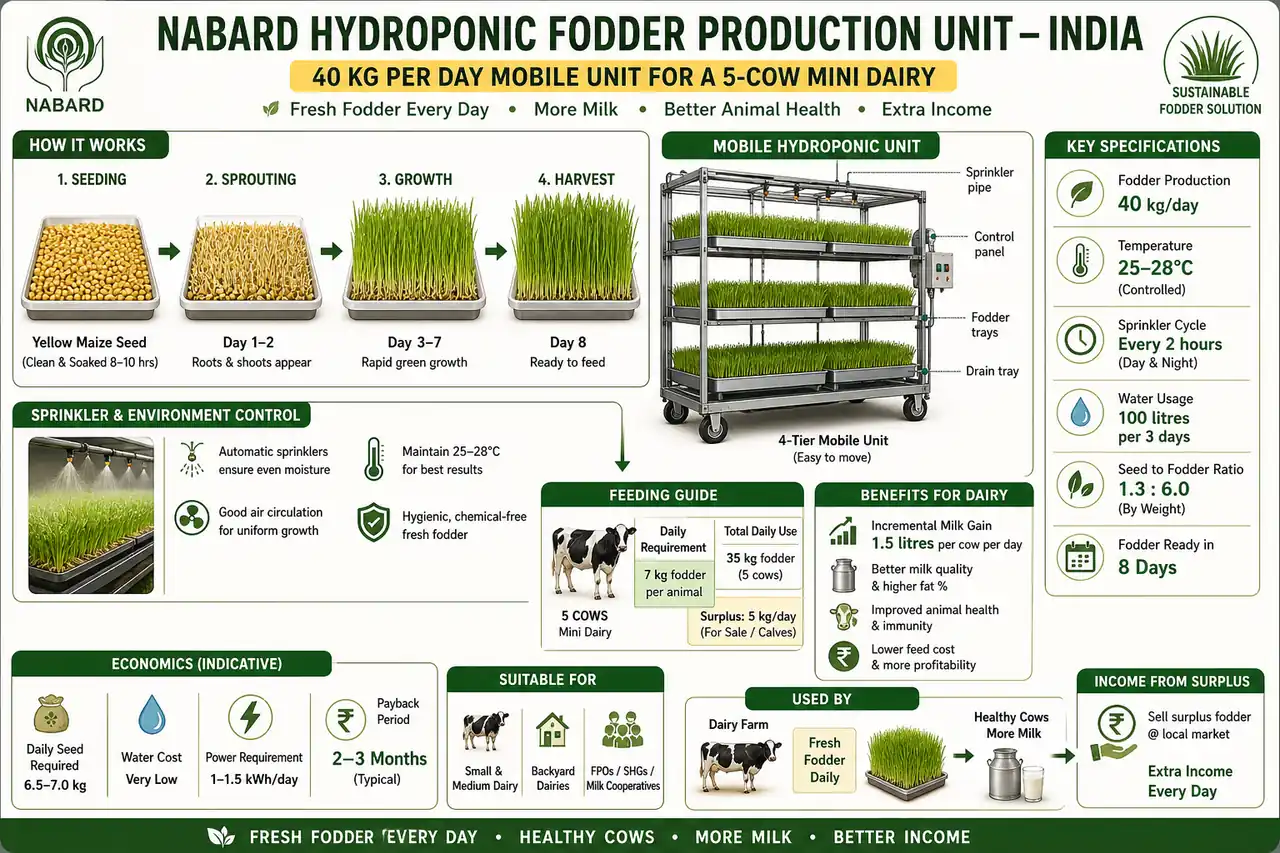 Annotated hydroponic fodder diagram showing maize seed trays, 8-day growth cycle, water-light control, and feeding output for a mini dairy unit