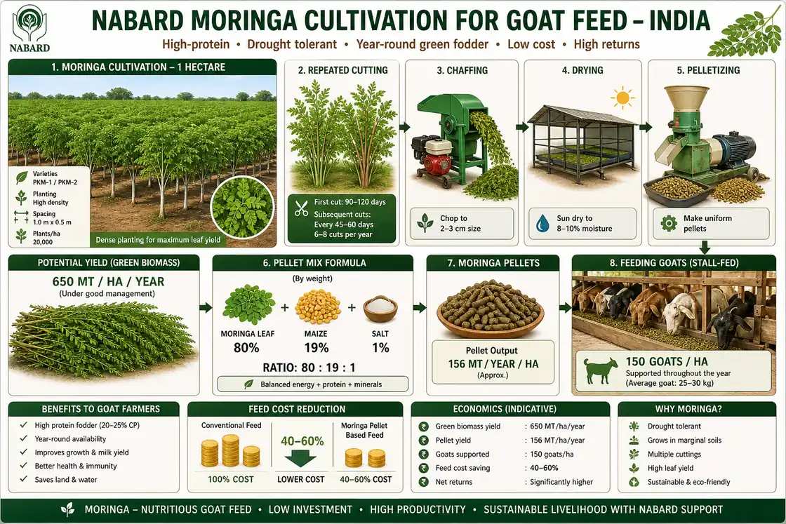 Annotated moringa cultivation diagram showing dense biomass production, repeated cutting, pellet making, and feeding value for stall-fed goats