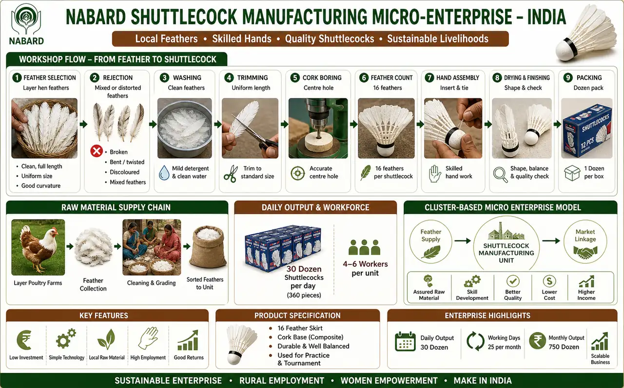 Annotated shuttlecock manufacturing diagram showing feather selection, trimming, cork fitting, manual assembly, and packed-dozen output