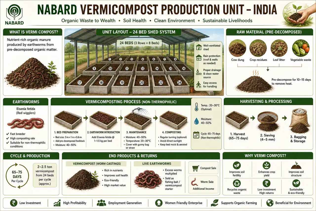 Annotated vermicompost production diagram showing bed shed layout, worm action, moisture conditions, compost harvest, and worm sale