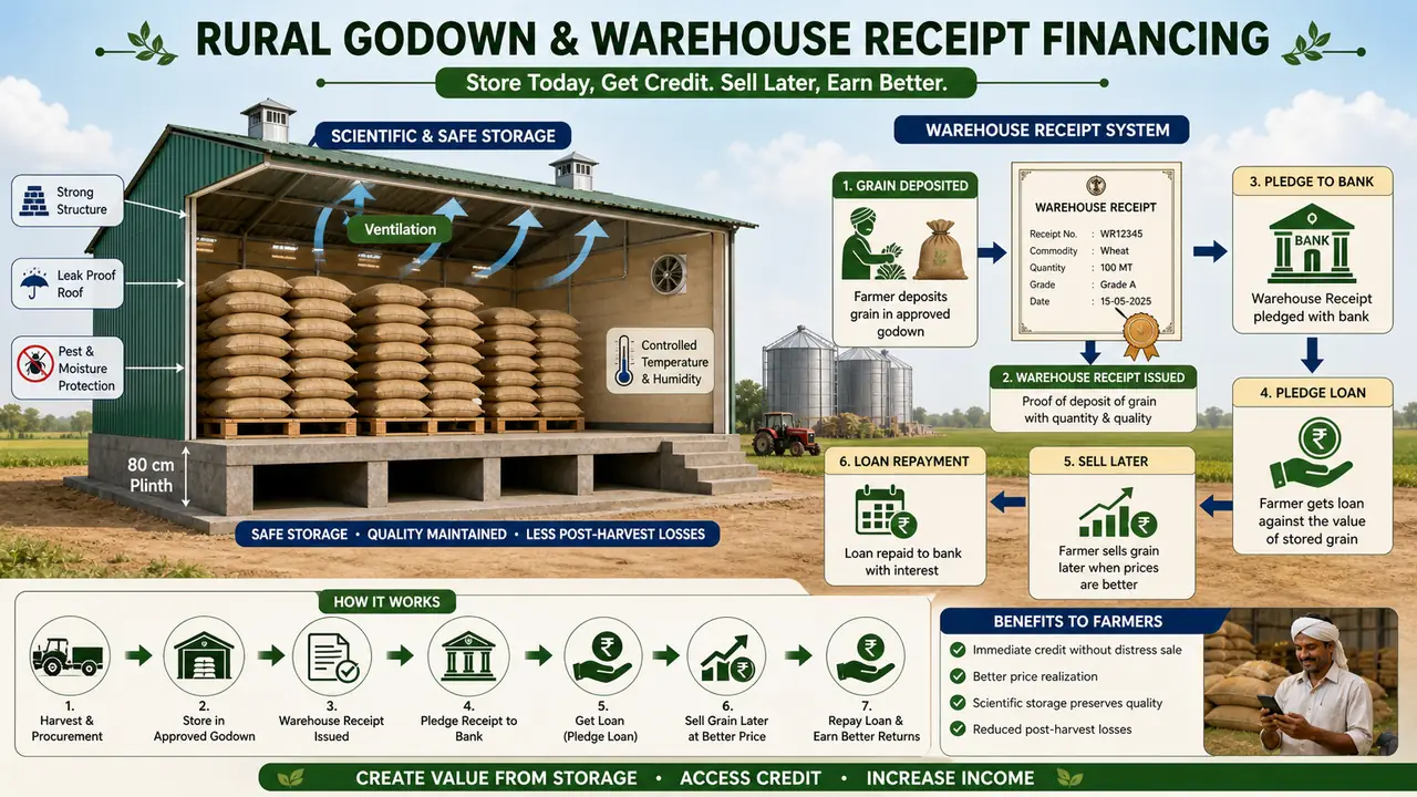 Rural godown and warehouse receipt financing showing 80 centimetre plinth, ventilation, safe grain storage, warehouse receipt, pledge loan, and sell later logic
