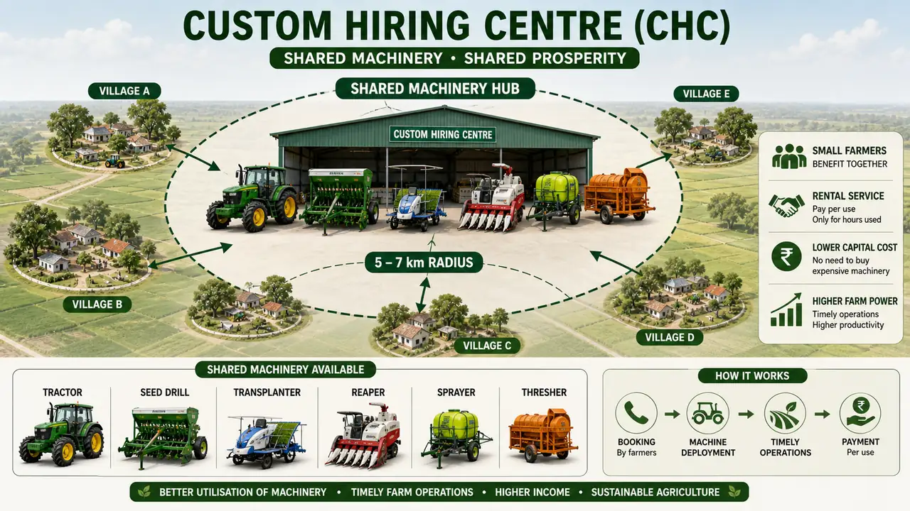 Custom Hiring Centre shared machinery hub serving four to five villages within a five to seven kilometre radius with rental equipment