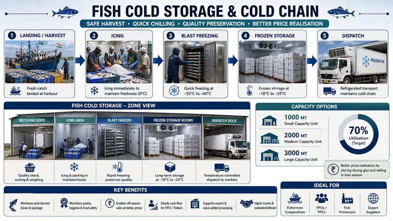 Fish cold storage and cold chain showing landing or harvest, icing, blast freezing, frozen storage, dispatch, and 1000 to 3000 MT capacity options