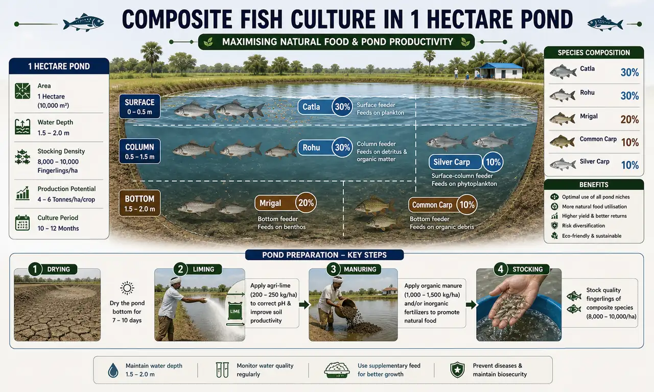 Composite fish culture in a 1 hectare pond showing Catla, Rohu, Mrigal, Common Carp, and Silver Carp by feeding layer plus pond preparation steps