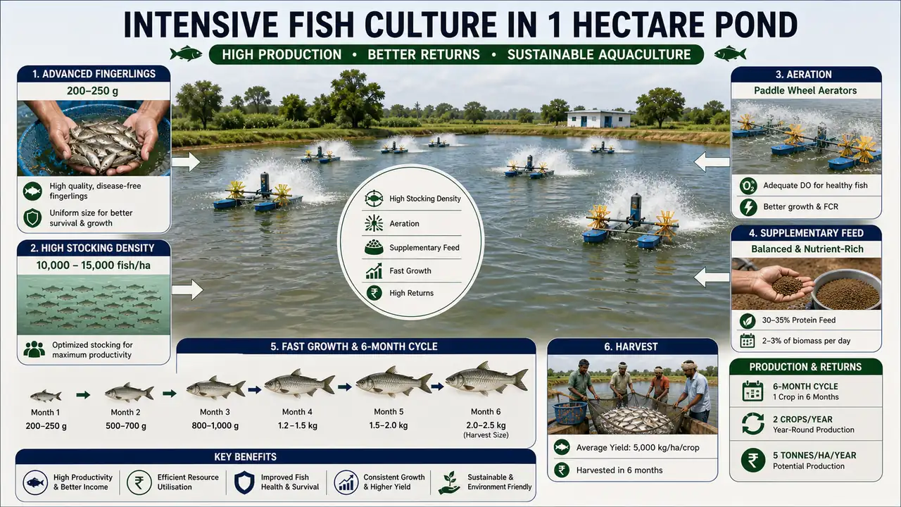 Intensive fish culture in a 1 hectare pond showing advanced fingerlings, high stocking density, aeration, supplementary feed, fast growth, and 6 month harvest cycle