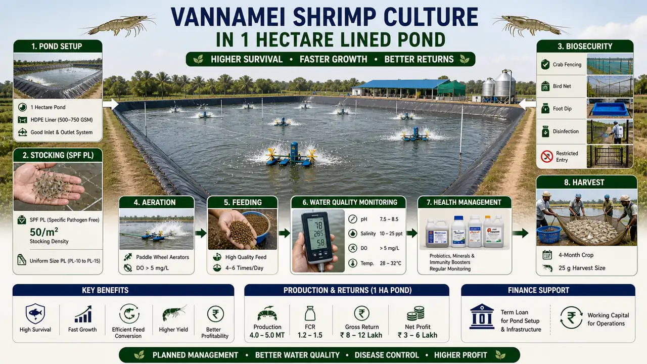 Vannamei shrimp culture in a lined pond showing SPF post larvae stocking, HDPE liner, biosecurity barriers, aeration, feeding, water checks, and harvest