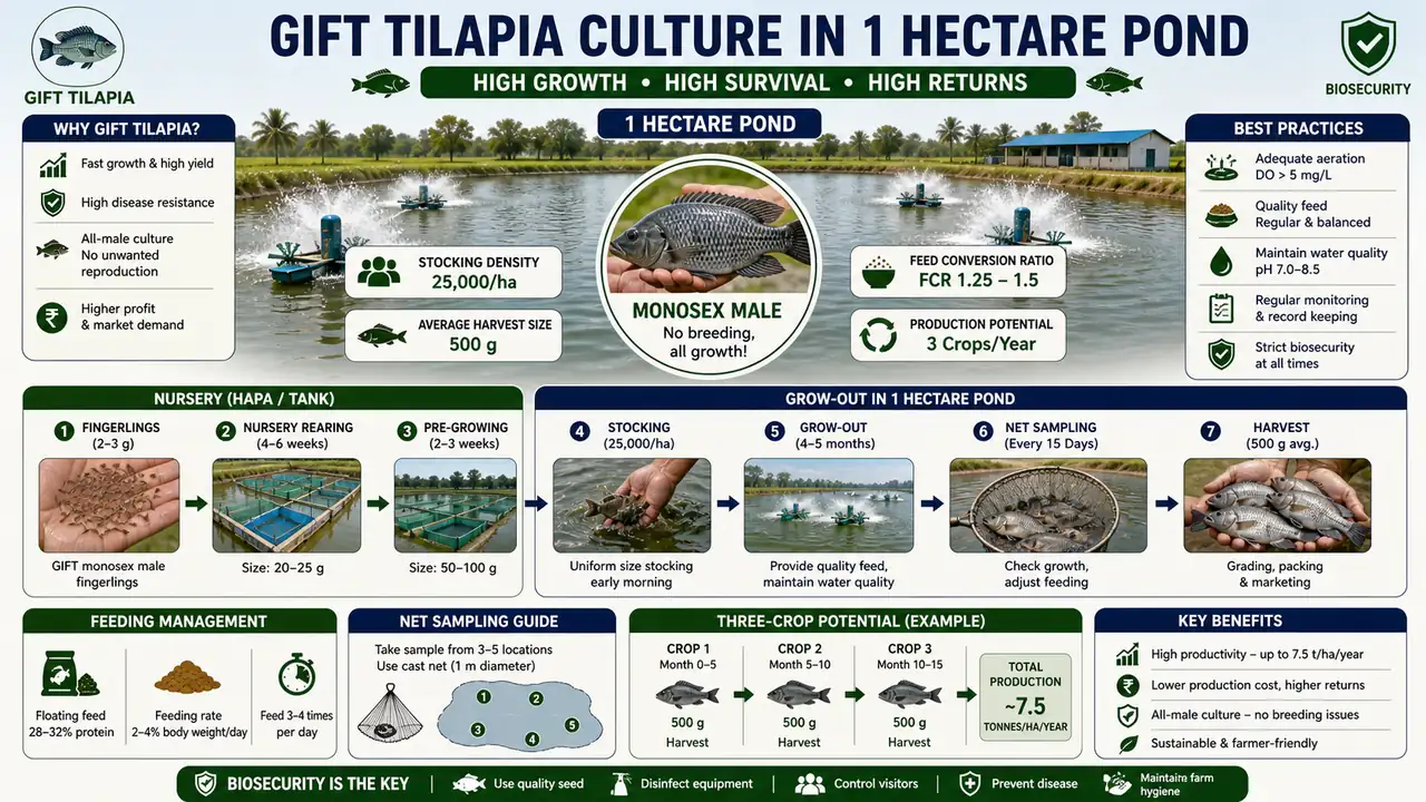 GIFT Tilapia culture in a 1 hectare pond showing monosex male culture, nursery to grow-out flow, feeding, net sampling, biosecurity, and three crop potential