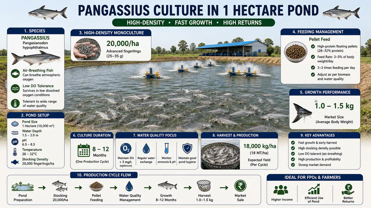 Pangassius culture in a 1 hectare pond showing high density monoculture, pellet feeding, air-breathing advantage, low dissolved oxygen tolerance, and high harvest volume