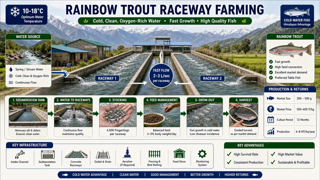 Rainbow trout raceway farming showing two raceways, cold flowing water, sedimentation tank, stocking, feed management, and harvest in Himalayan conditions