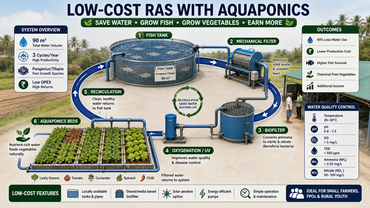 Low-cost RAS with aquaponics showing fish tank, mechanical filter, biofilter, oxygenation or UV, recirculation loop, and aquaponics beds