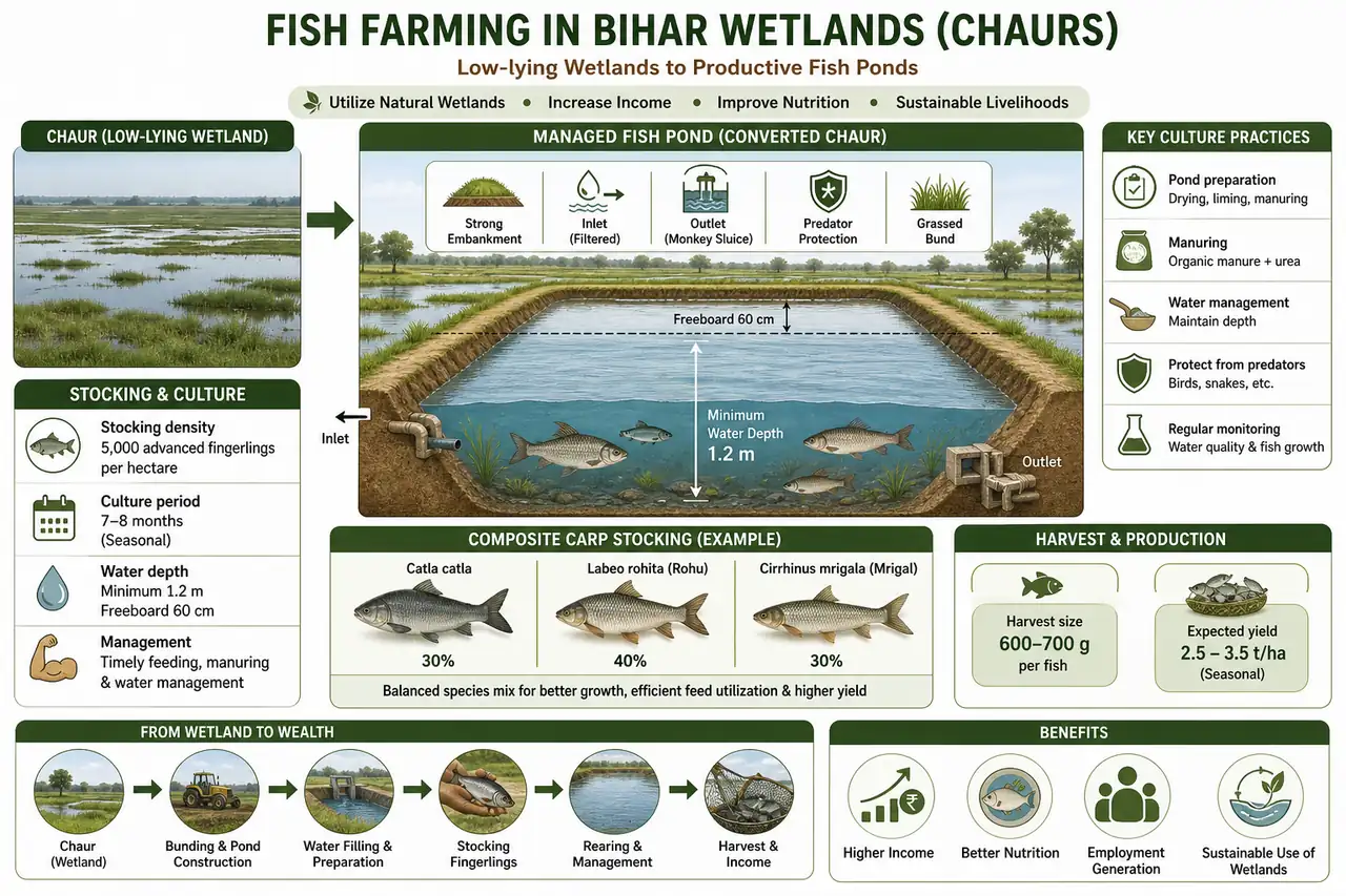 Annotated wetland fish farming diagram showing Bihar chaur conversion, pond embankment design, fingerling stocking, seasonal culture, and harvest flow