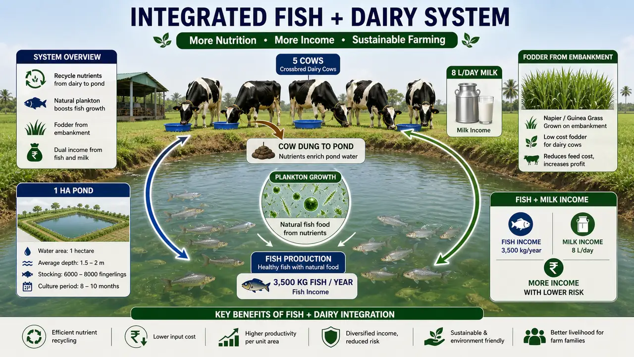 Integrated fish dairy system showing 5 cows, 1 hectare pond, cow dung to pond, plankton growth, fish production, fodder from embankment, and dual income from fish and milk