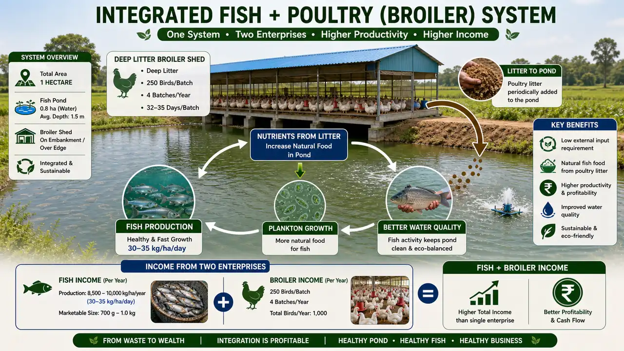 Integrated fish poultry broiler system showing deep litter shed, poultry litter to pond, plankton growth, fish production, and dual income from fish and broilers