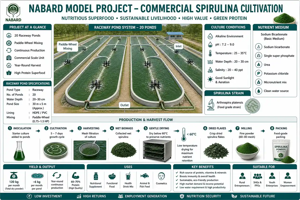 Annotated spirulina cultivation diagram showing raceway ponds, alkaline culture, harvest, low-temperature drying, and powder packing