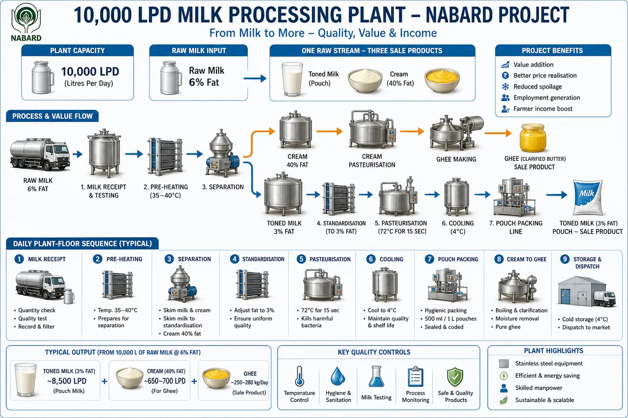 Annotated milk processing diagram showing raw milk intake, standardisation, toned milk, cream, ghee conversion, and packaging flow in a 10,000 LPD plant