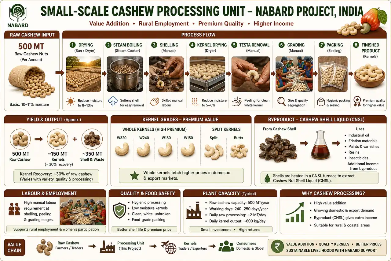 Annotated cashew processing diagram showing steaming, shelling, drying, grading, packing, and CNSL byproduct from a 500 MT raw cashew unit