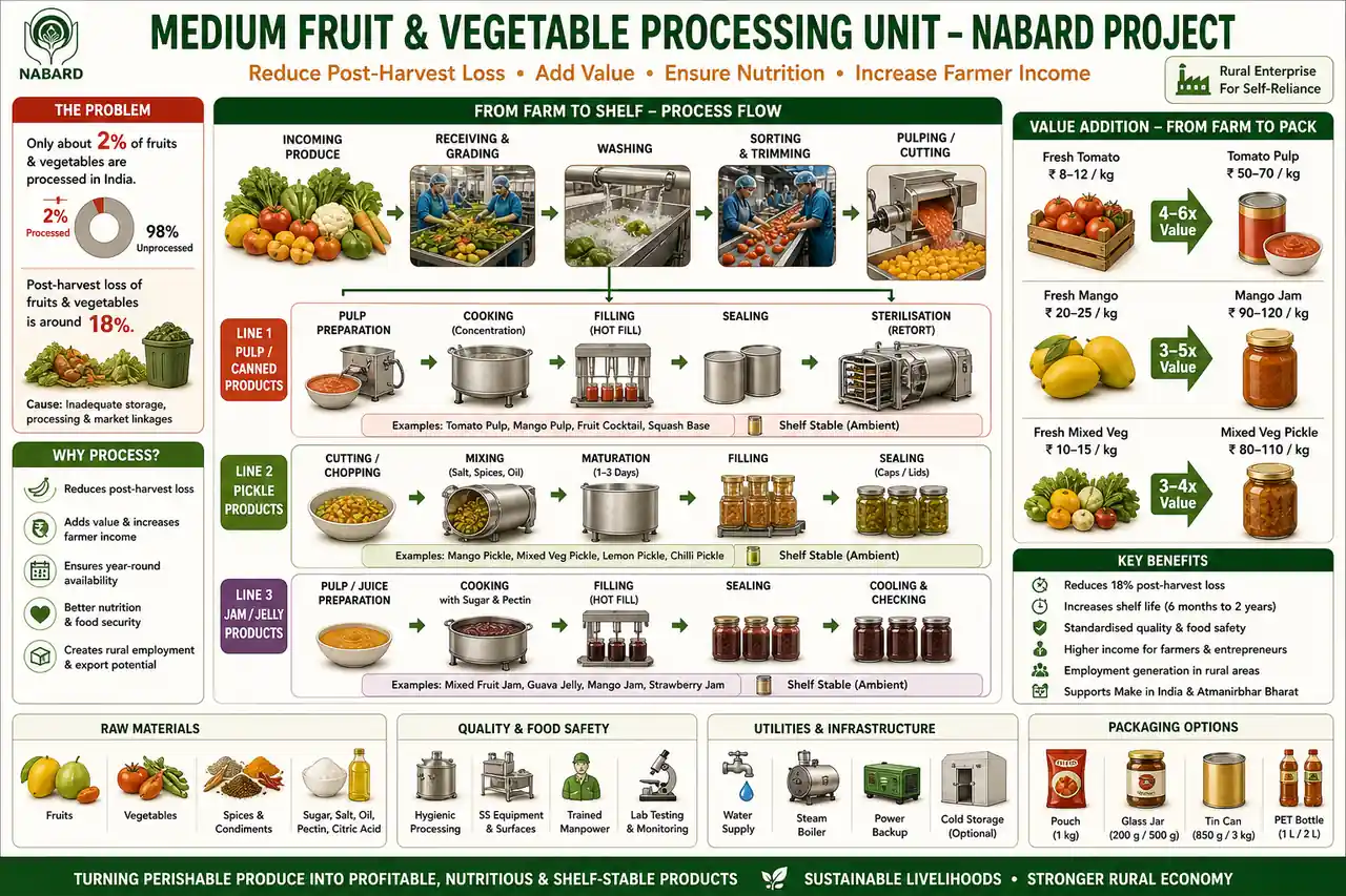 Annotated fruit and vegetable processing diagram showing washing, grading, pulping, pickle line, jam-jelly line, packing, and shelf-stable products