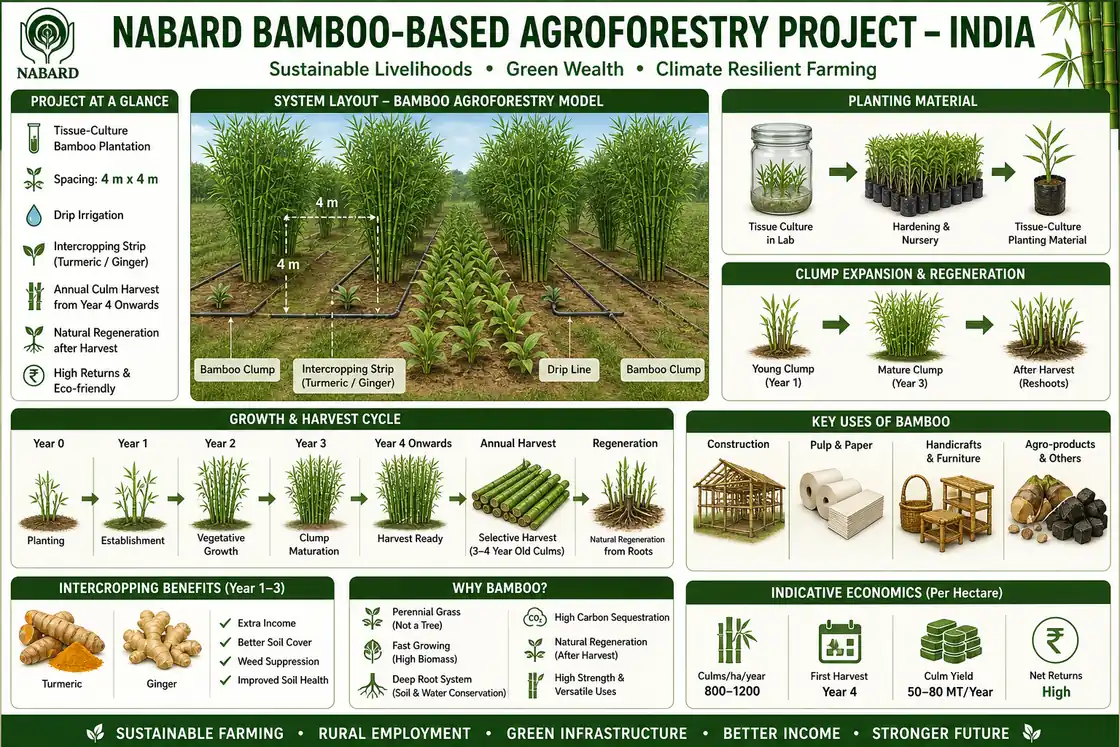 Annotated bamboo agroforestry diagram showing tissue-culture bamboo spacing, drip irrigation, intercropping, clump harvest, and diversified end uses