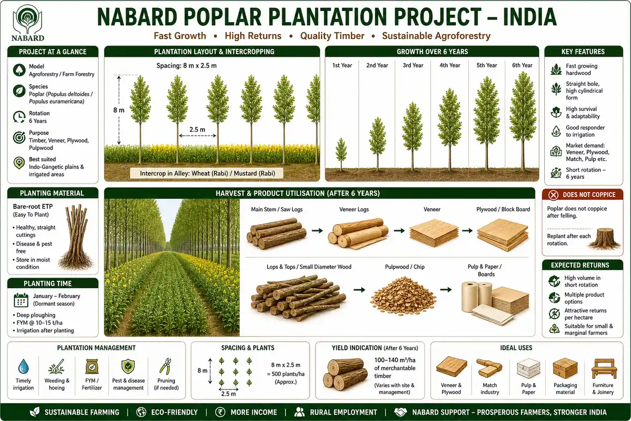 Annotated poplar plantation diagram showing ETP planting, wide-row intercropping, 6-year straight-stem growth, and veneer log harvest