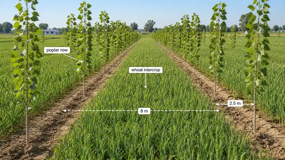 Poplar wide-row spacing with intercrop alleys showing how 8 by 2.5 metre geometry supports both tree growth and companion crops