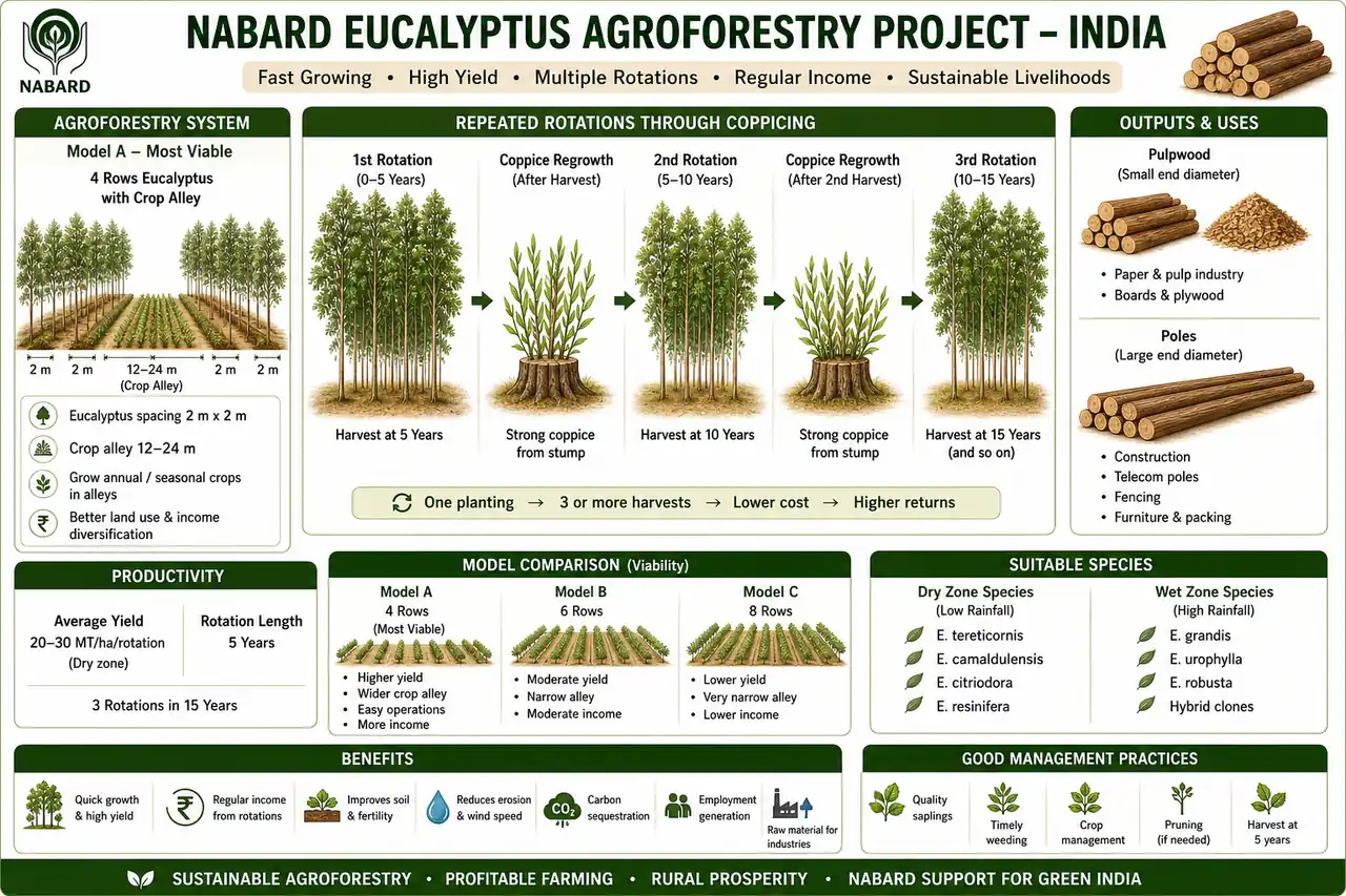 Annotated eucalyptus agroforestry diagram showing crop alley spacing, first rotation, coppice regrowth, and pulpwood plus pole output