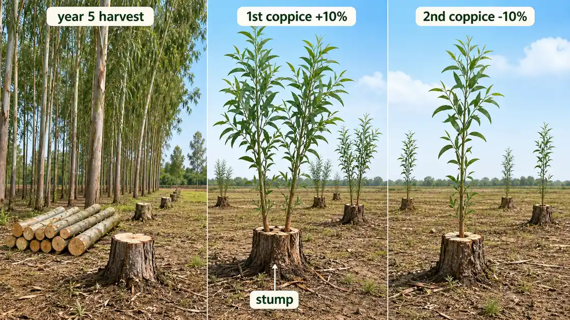 Eucalyptus coppice cycle showing first harvest followed by stump regrowth and subsequent coppice harvests over the project life