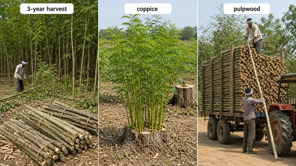Subabul coppice regrowth and pulpwood harvest cycle showing repeated production from the same stump