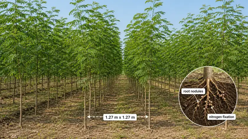Dense subabul plantation with root nodules illustrating high stocking density and biological nitrogen fixation